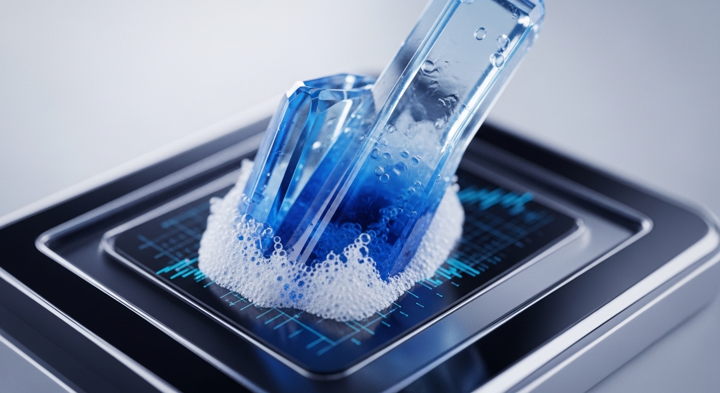 A prominent blue faceted object, resembling a polished crystal, is situated within a foamy, dark blue liquid on a dark display screen. The screen beneath illuminates with bright blue data visualizations, depicting graphs and grid lines, all resting on a sleek, multi-tiered metallic base