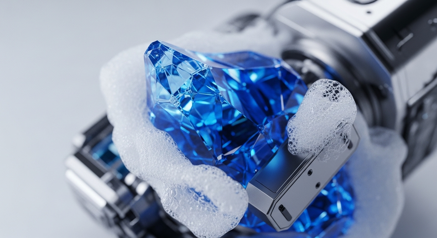 A vibrant, multifaceted blue digital asset, reminiscent of a high-value token or a core cryptographic primitive, is seen partially immersed in a bed of white, effervescent foam. Adjacent to it, a sleek metallic device, potentially a hardware wallet or a component of a node, is also touched by the foam