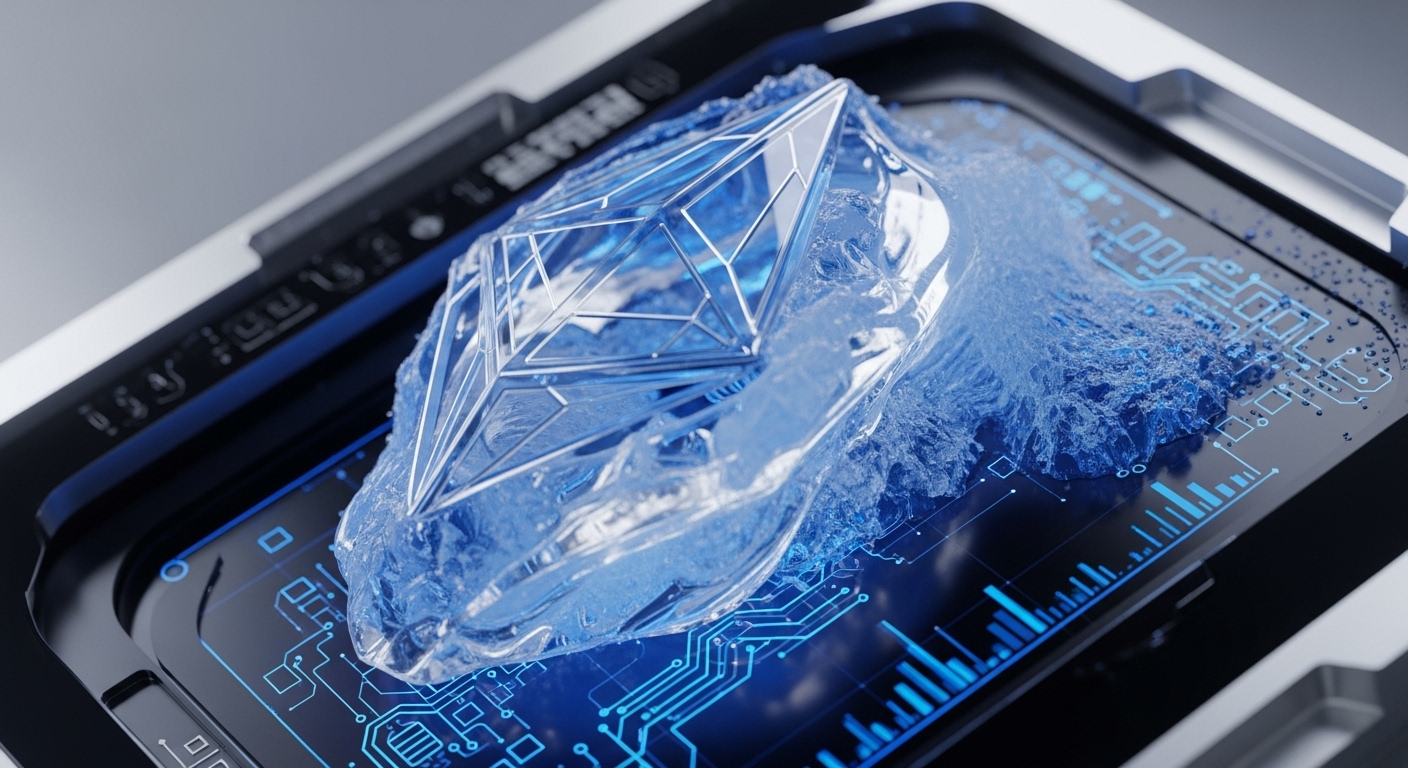A geometrically faceted Ethereum symbol, resembling a crystal, is partially submerged in a dynamic, icy blue liquid, set against a futuristic dark gray and blue digital display. The screen beneath the liquid exhibits illuminated circuit board pathways and abstract data visualizations in various shades of blue