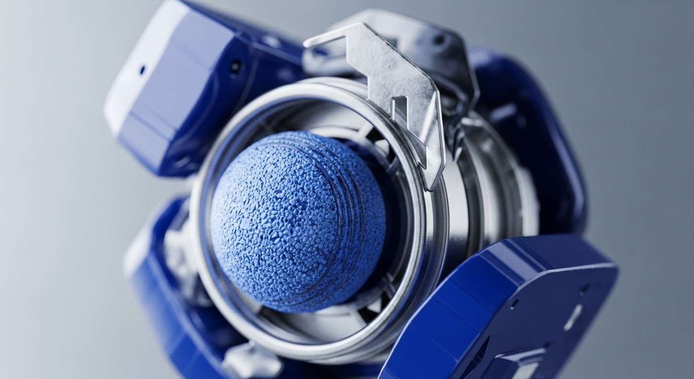 A vibrant blue, textured spherical object is securely cradled within a sophisticated, multi-layered metallic framework, encased by glossy blue panels. This intricate blockchain architecture features polished silver rings and robust, angular components, suggesting precision engineering crucial for enterprise blockchain solutions