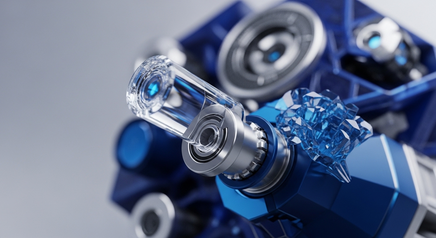 A futuristic, intricate mechanical assembly dominates the foreground, featuring a prominent clear glass vial and faceted blue crystalline structures against a soft grey background. The primary colors are deep blue and metallic silver, with subtle internal blue illumination