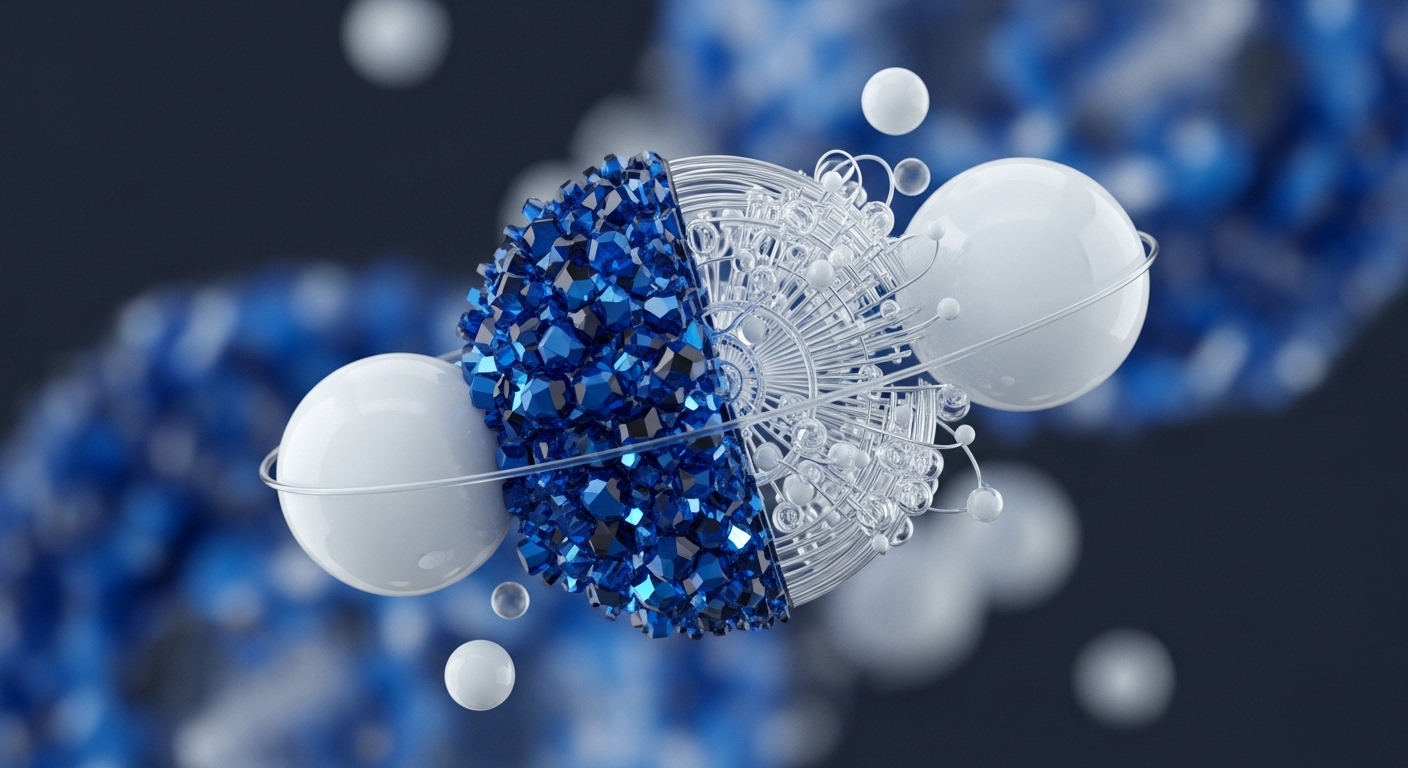 A striking abstract composition features a central bimodal spherical form, with its left half densely covered in numerous brilliant blue, faceted crystalline shapes. The right half reveals an intricate internal structure of thin white lines, small opaque white spheres, and clear bubble-like elements