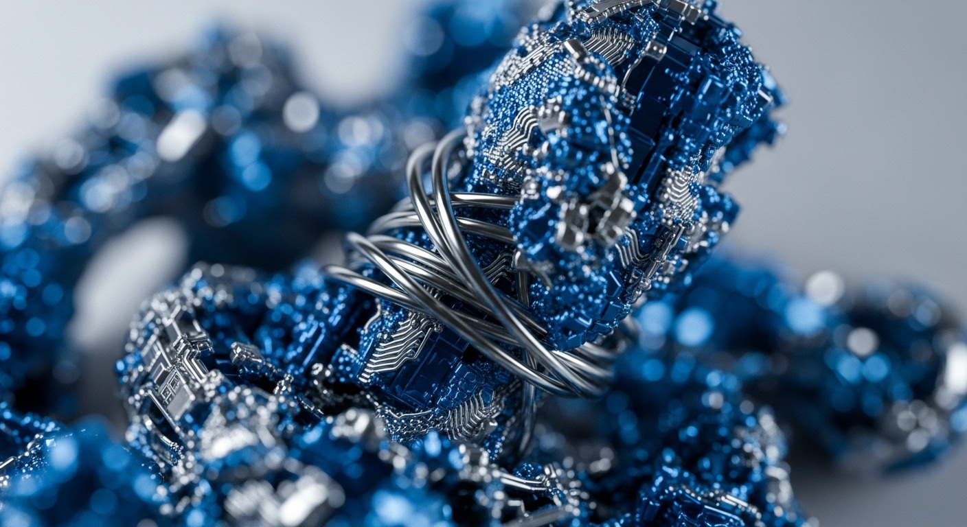 Intricate metallic blue and silver structures form the focal point, detailed with patterns resembling circuit boards and micro-components. Silver, highly reflective strands are tightly wound around a central blue element, while other similar structures blur in the background