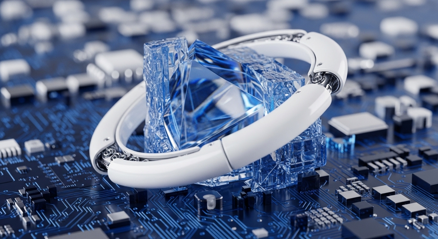 A complex, blue, crystalline form, reminiscent of a digital artifact, is cradled by a modern white band, all situated on a vibrant blue printed circuit board. This visual metaphor encapsulates the intricate nature of blockchain technology and its integration with cutting-edge advancements
