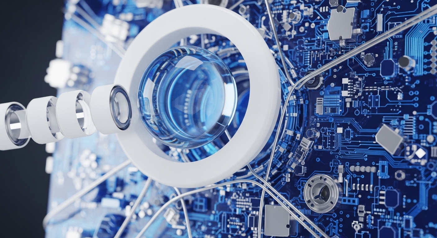A close-up showcases a detailed blue circuit board with illuminated pathways and various electronic components. Centered is a white ring surrounding a clear, multi-layered lens, suggesting a sophisticated analytical or observational device