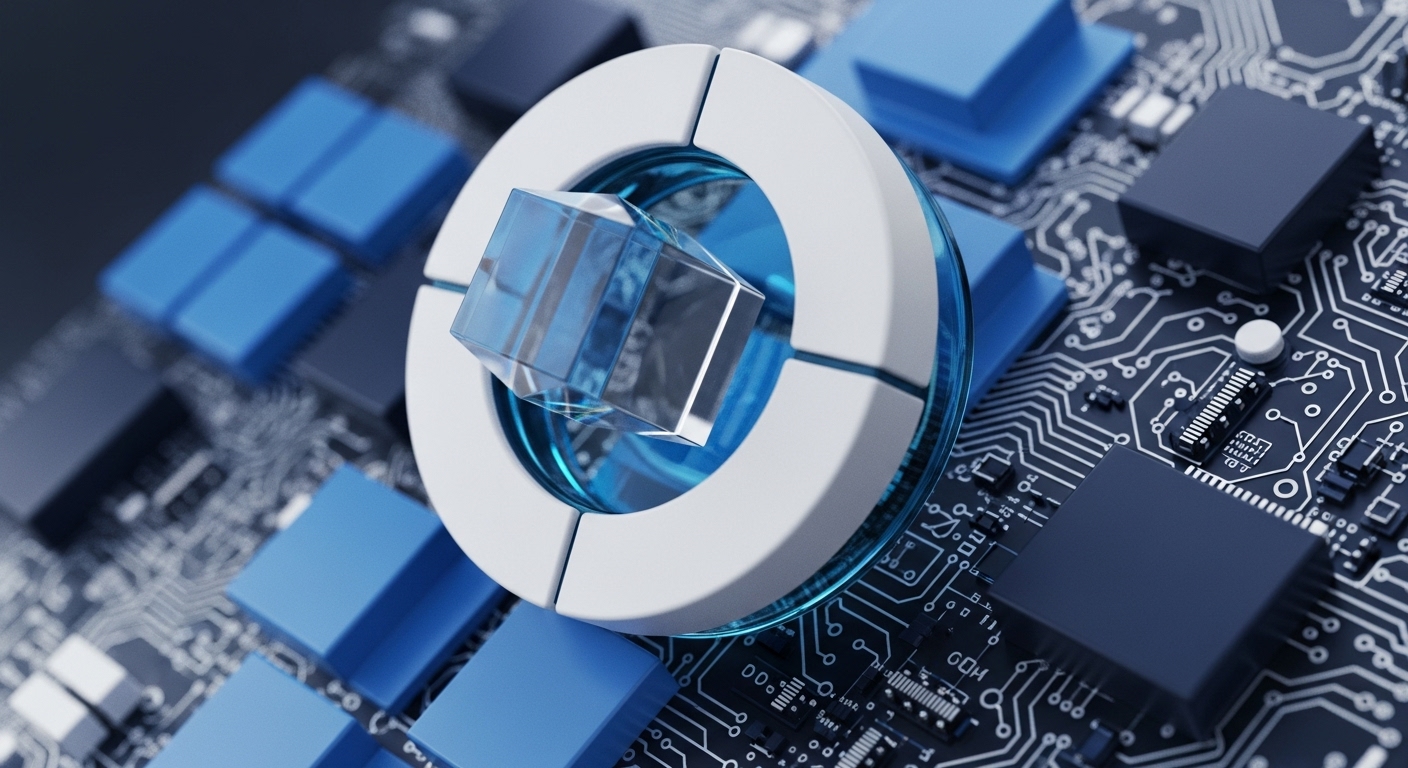 A translucent blue cube, embodying a digital asset or a critical data payload, is centrally positioned within a segmented white and blue circular mechanism. This abstract representation is superimposed on a detailed electronic circuit board, featuring numerous dark blue square components and fine conductive pathways