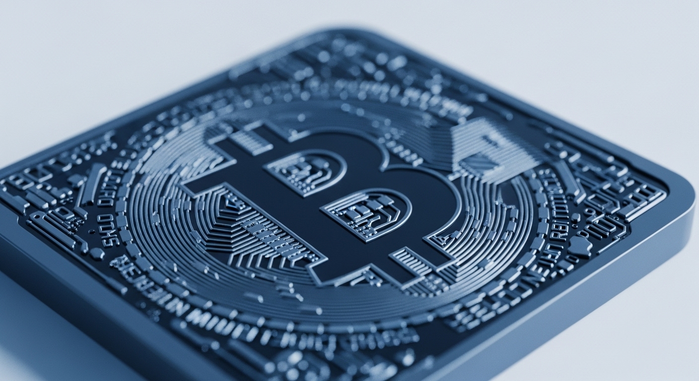 A metallic, square token prominently displays the Bitcoin symbol, rendered in a cool blue hue. The intricate design includes detailed circuit board patterns and micro-engraved alphanumeric sequences, emphasizing the cryptographic and technological underpinnings of this digital asset