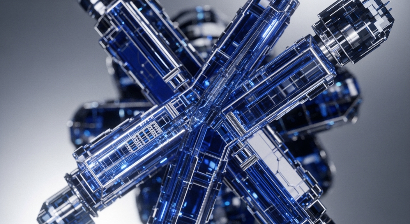 A futuristic, abstract structure composed of interconnected translucent blue and metallic silver components, featuring glowing internal elements that suggest active data flow. The complex geometric arrangement forms a lattice of conduits against a soft, blurred grey background
