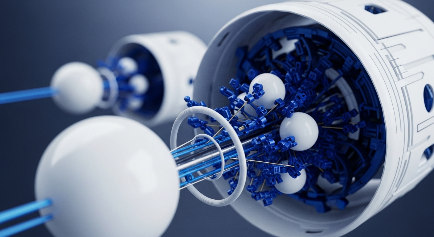 The image presents a detailed, abstract view of a complex internal mechanism, characterized by white cylindrical structures and a dense network of blue components. White spheres are interspersed within this blue framework, connected by thin blue rods and metallic elements, all set against a dark background