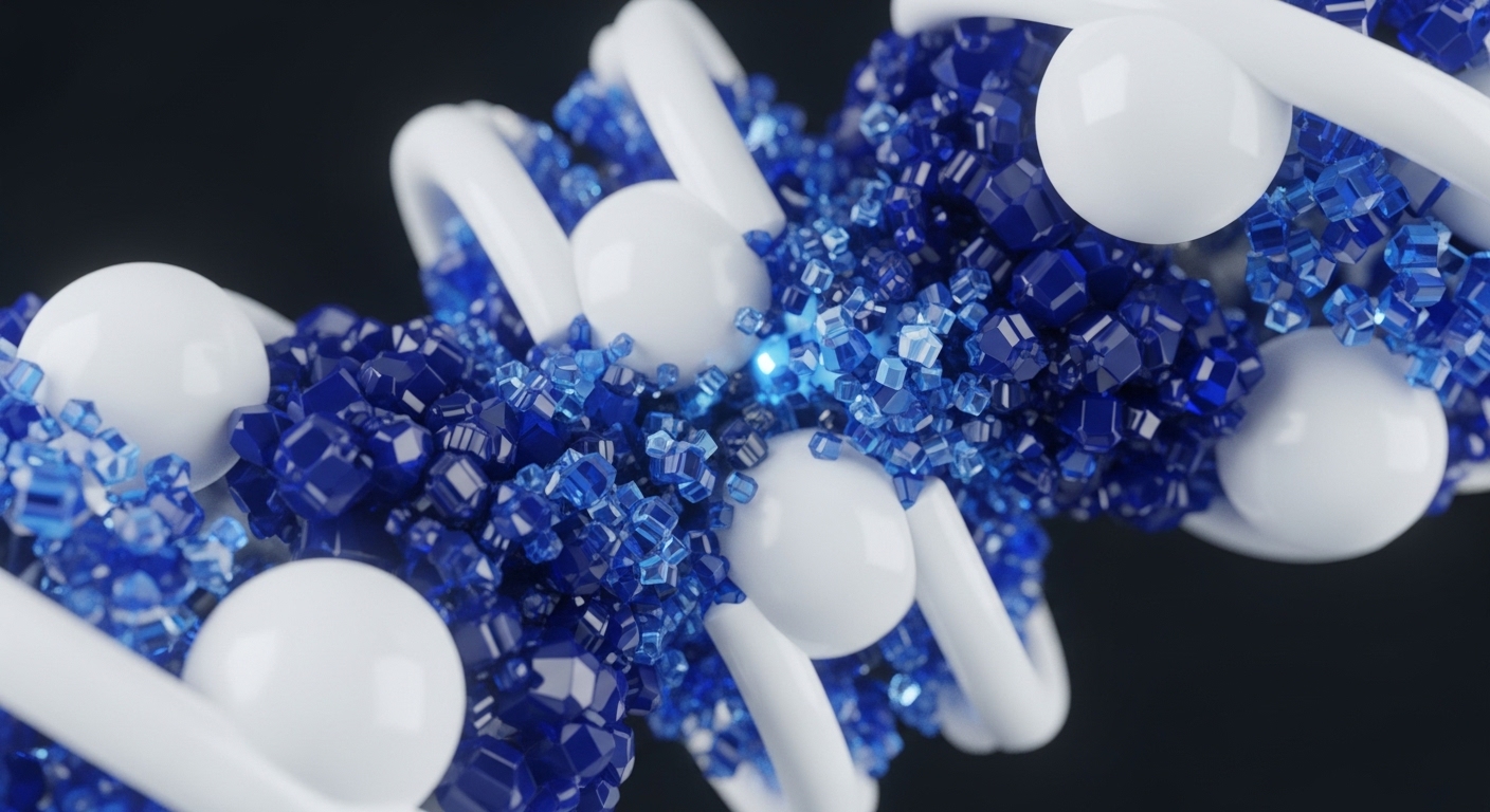 Smooth white spheres and intertwining tubular structures form a dynamic abstract composition against a dark background. These elements are enveloped by a dense cluster of varying blue crystalline shapes, some transparent, others opaque, with a distinct glowing blue light at the center