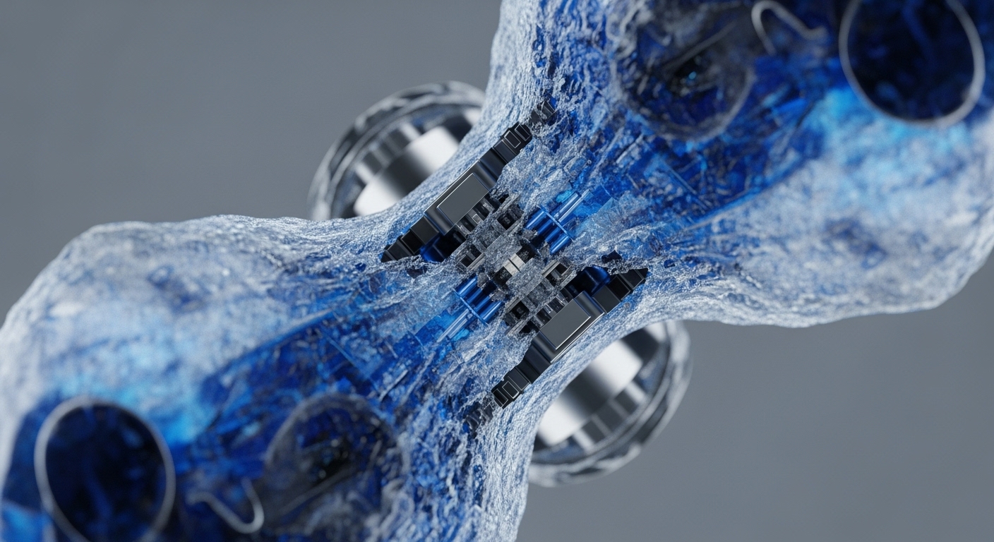 A dynamic abstract composition features a twisting, textured structure in varying shades of translucent blue, appearing to flow and coalesce. Intricate metallic components, some emitting a bright blue glow, are embedded within this fluid-like form, suggesting embedded technology