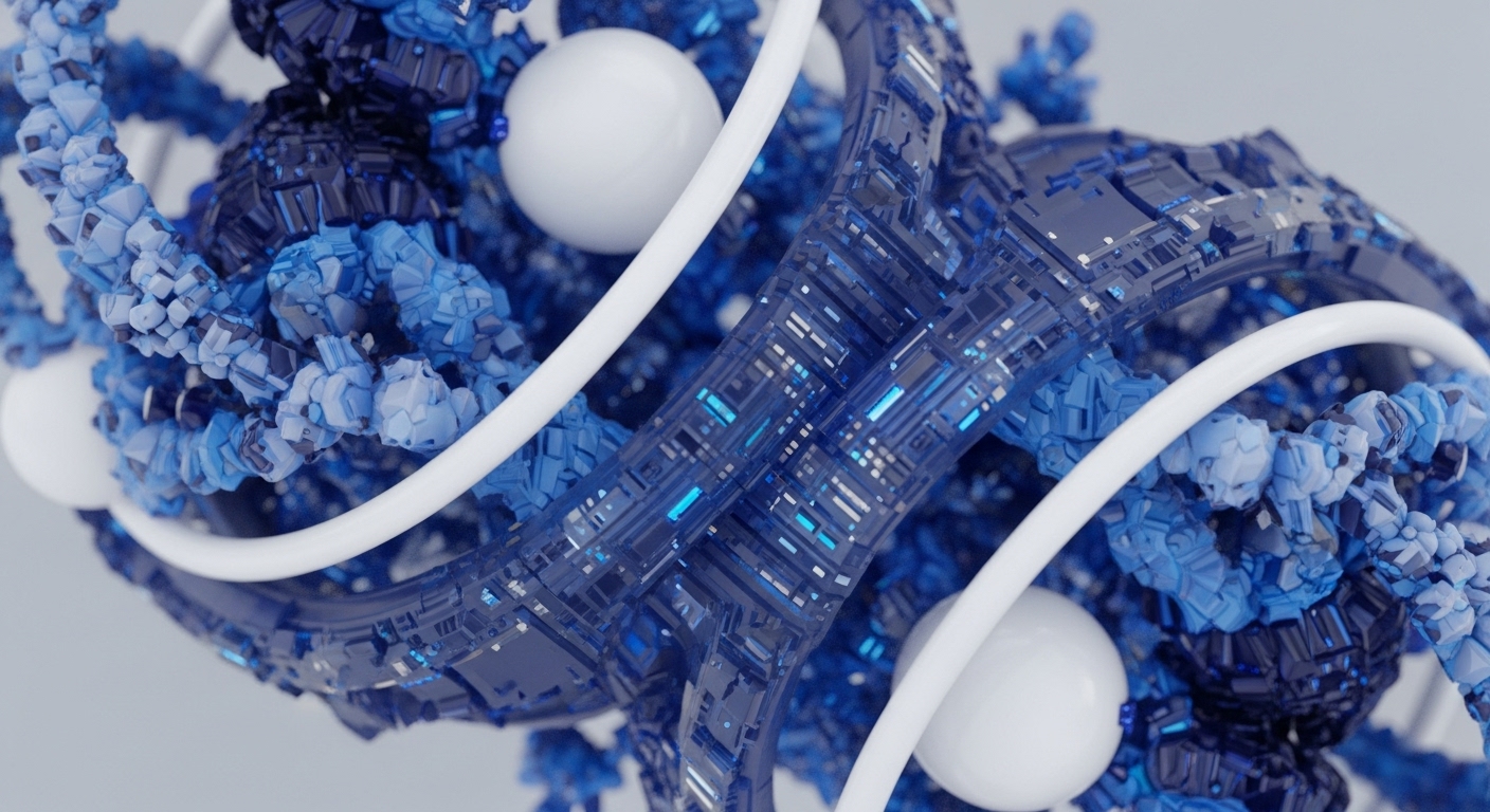 The image presents an intricate abstract composition of blue crystalline structures, transparent conduits with luminous internal patterns, smooth white spheres, and white tubular pathways. These elements are interwoven, creating a complex, interconnected system against a light background