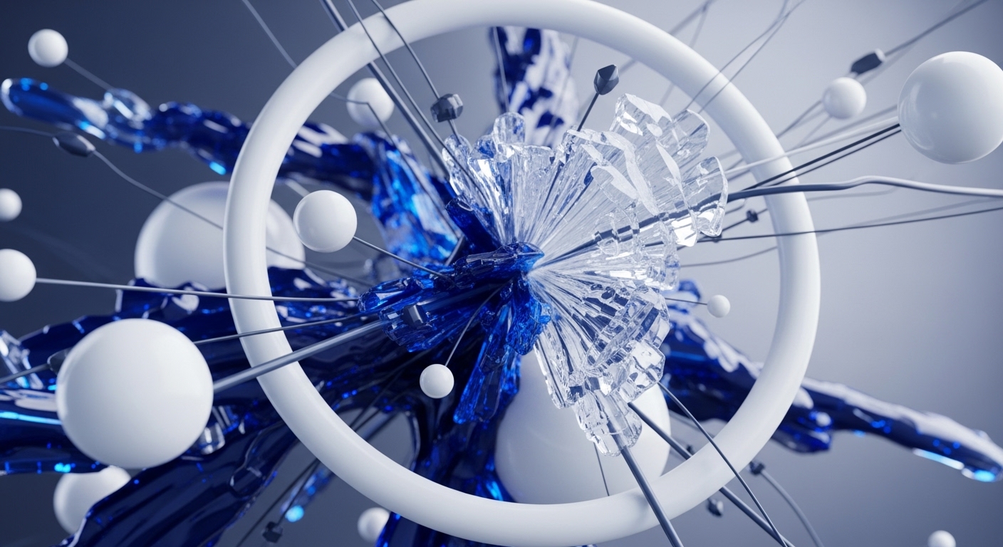 The image displays an abstract, interconnected arrangement featuring multiple white spheres, thin connecting lines, and a central cluster of clear crystalline and dynamic blue fluid structures. A prominent white ring partially encircles this core, all set against a gradient grey-blue background