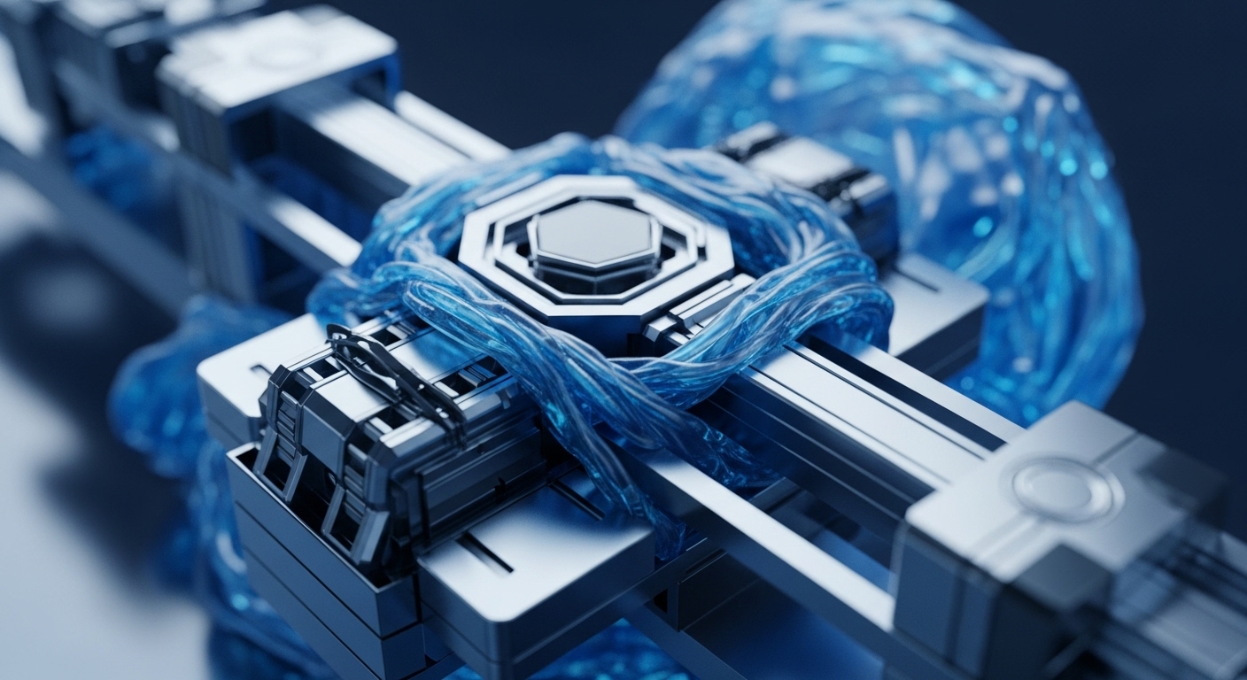 The image displays an intricate, metallic structure with a central hexagonal component. Glowing blue, translucent strands of material are woven around and through the silver-toned mechanical parts, creating a sense of dynamic flow and interconnectedness