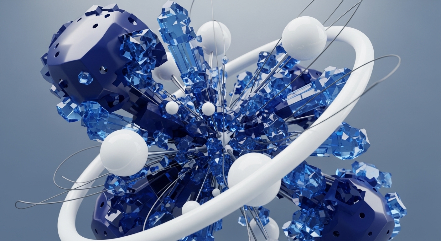 An abstract composition features numerous faceted blue crystals and dark blue geometric shapes, interspersed with white spheres and thin metallic wires, all centered within a dynamic structure. A thick, smooth white ring partially encompasses this intricate arrangement, set against a clean blue-grey background