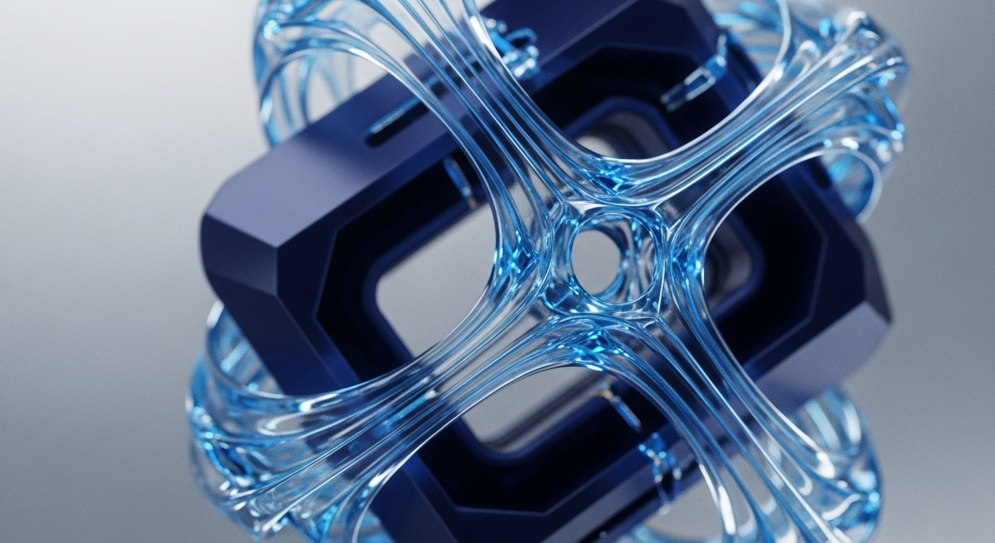 A dark blue, faceted geometric structure with internal square openings serves as the foundational element in this abstract visualization. Surrounding and interweaving with this core is a translucent, light blue, fluid-like network of interconnected loops and strands, forming a complex, dynamic lattice