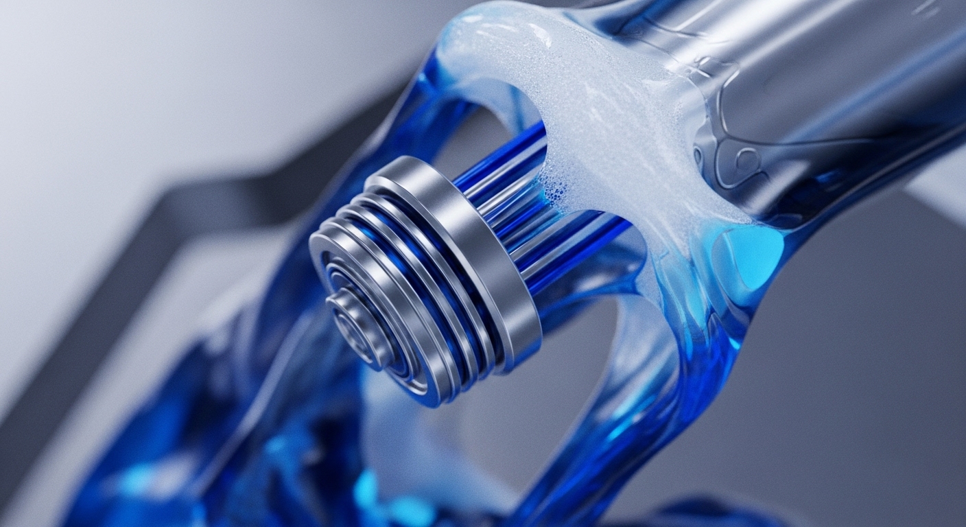 A polished, multi-layered metallic mechanism descends into a vibrant, translucent blue liquid, with blue rod-like structures extending from it. White foam actively bubbles at the liquid's surface around the metallic component, set against a soft, light gray background