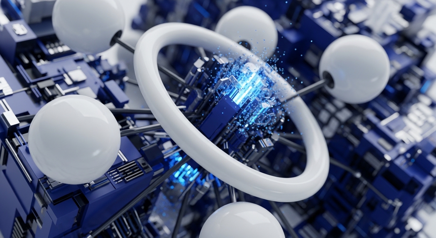 A central white torus frames an energetic core of electric blue light, bursting from intricate blue and metallic geometric structures. White spheres, connected by dark rods, are positioned around and within this complex assembly, creating a sense of interconnectedness