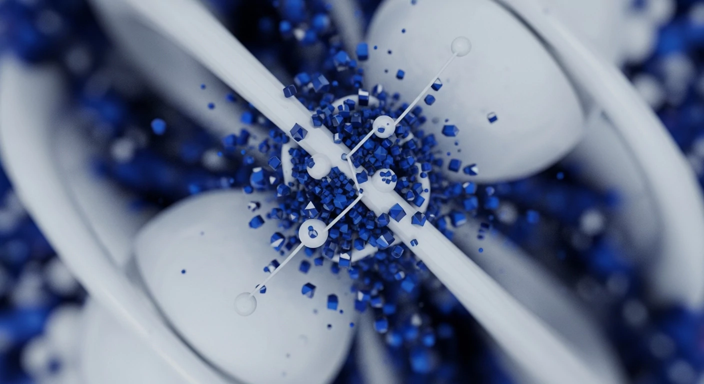 The image presents a striking visual of numerous small, faceted blue cubes clustered densely at the center, appearing to expand outwards, set against a backdrop of smooth, intertwined white tubular forms. Thin white lines punctuated by small spheres extend from the central activity, connecting to the larger white structures