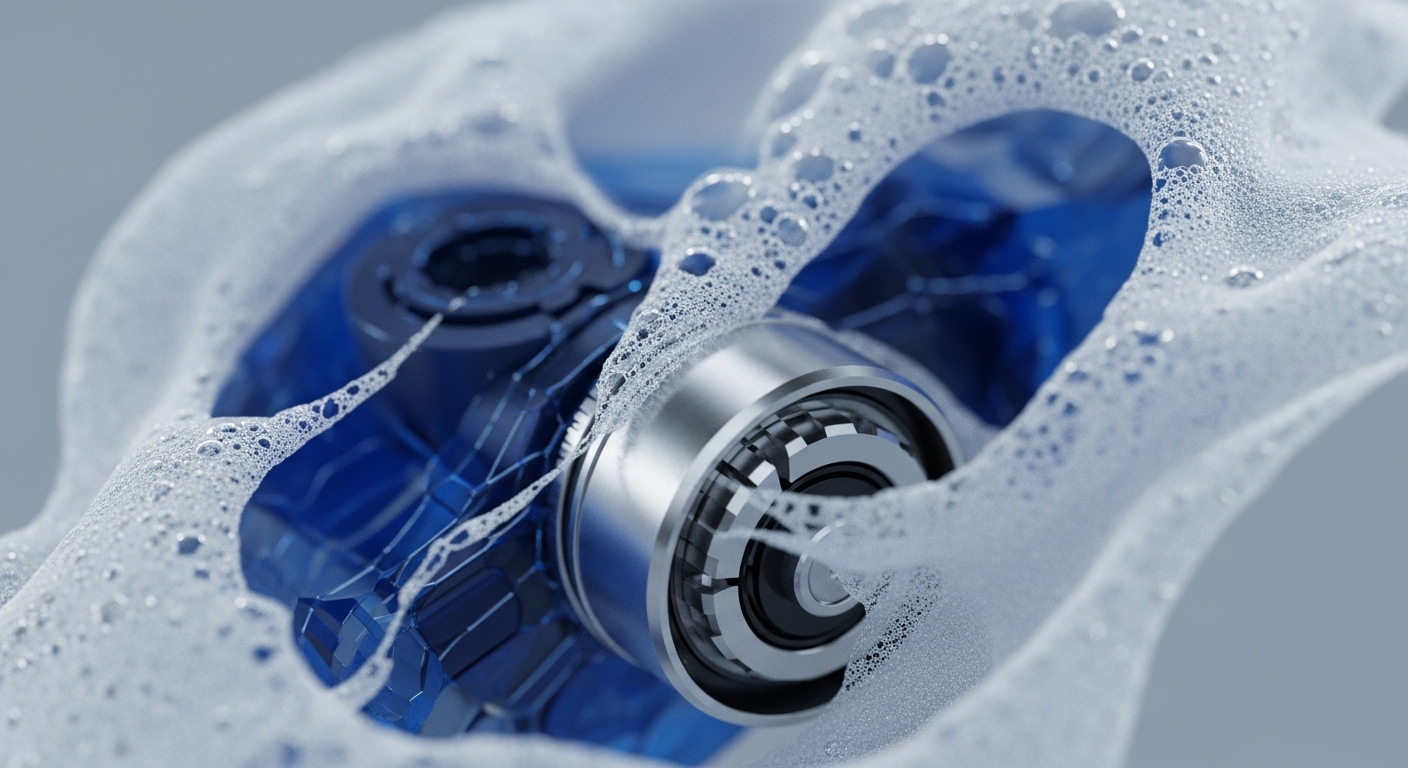 A close-up view presents a highly detailed metallic component, possibly a specialized bearing or engine part, immersed in a dynamic field of white, frothy bubbles. The underlying structure appears to be a deep blue, multi-faceted material, suggesting a complex internal system