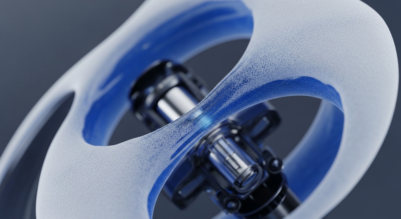 An abstract, frosted white structure encloses a dynamic blue, particle-rich current, centered around a detailed metallic mechanism. The translucent blue substance appears to flow and converge, highlighting the core operational components