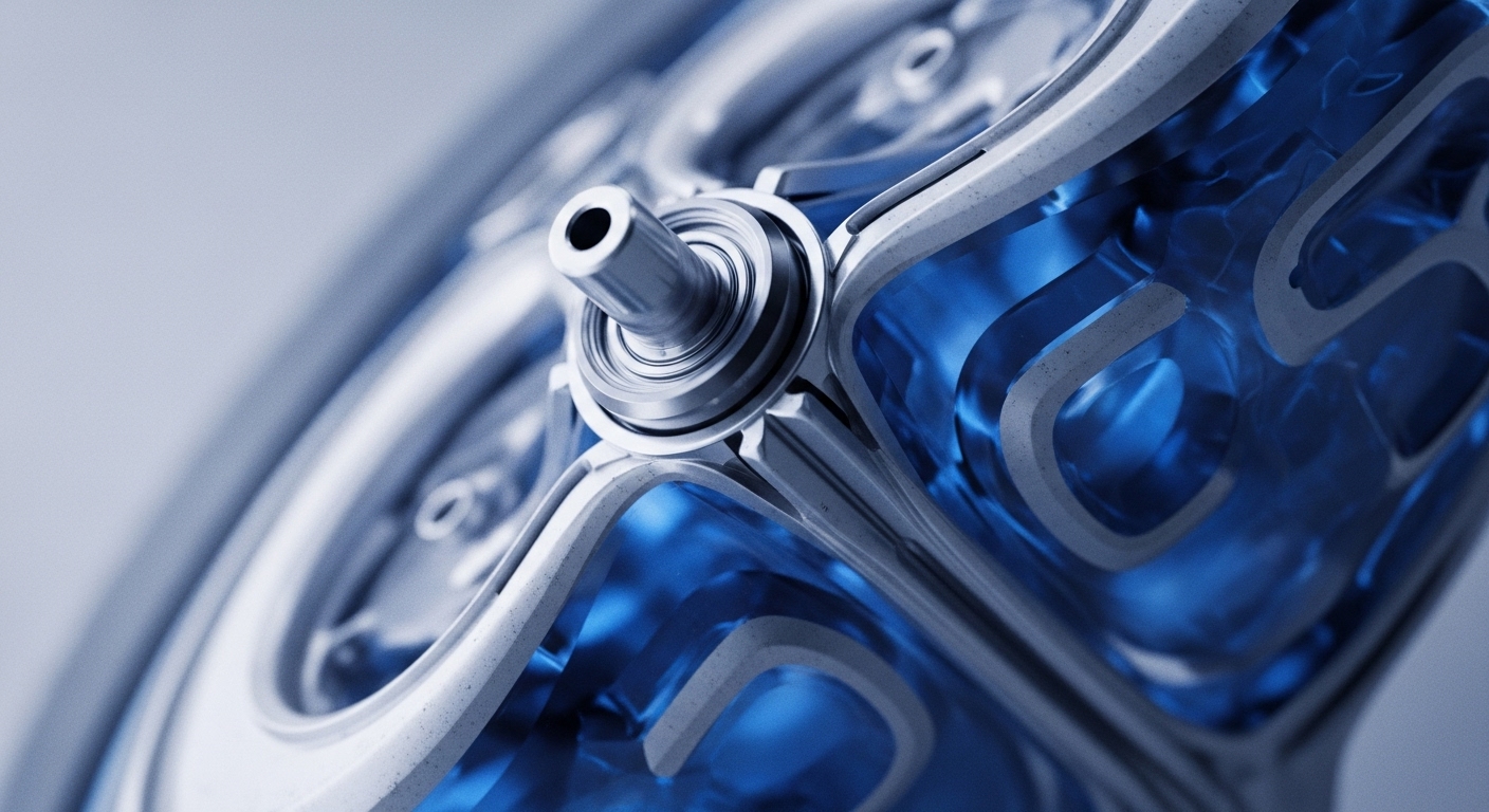 The image displays a close-up of a metallic cylindrical component surrounded by a light-colored, textured framework. Within this framework, a translucent, swirling blue substance is visible, creating a sense of depth and motion