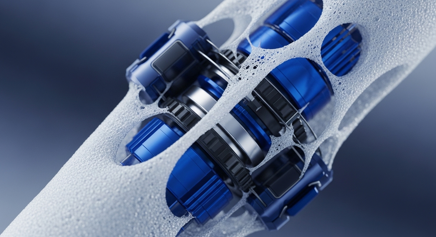 A complex array of blue, metallic cylindrical and gear-like components is visibly integrated within a white, porous, foam-like tubular structure. These elements are bathed in a soft, diffused light against a gradient blue-grey background, highlighting the intricate mechanical details and the unique texture of the surrounding matrix