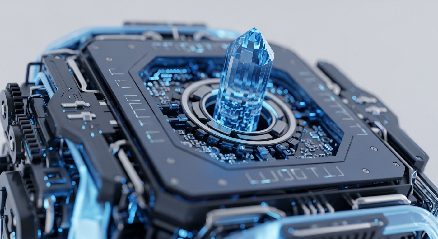 A detailed close-up reveals a complex, futuristic machine featuring a prominent, glowing blue crystal at its core. Surrounding the crystal are intricate circuit board elements with electric blue illumination, set within a dark metallic housing that includes visible mechanical gears and tubing