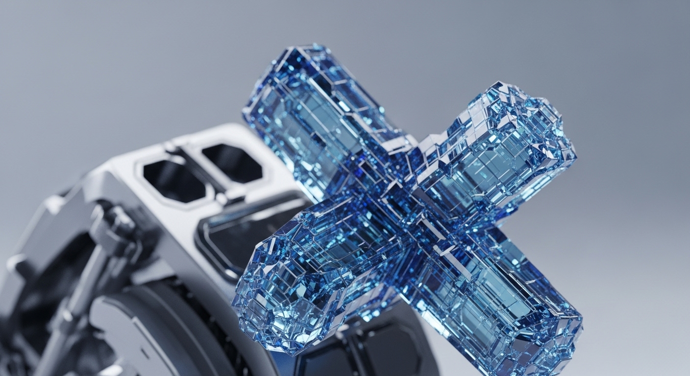A striking, clear blue, cross-shaped crystalline structure stands prominently against a light grey background. It is intricately composed of many smaller, translucent, faceted blocks, appearing almost like a complex jewel