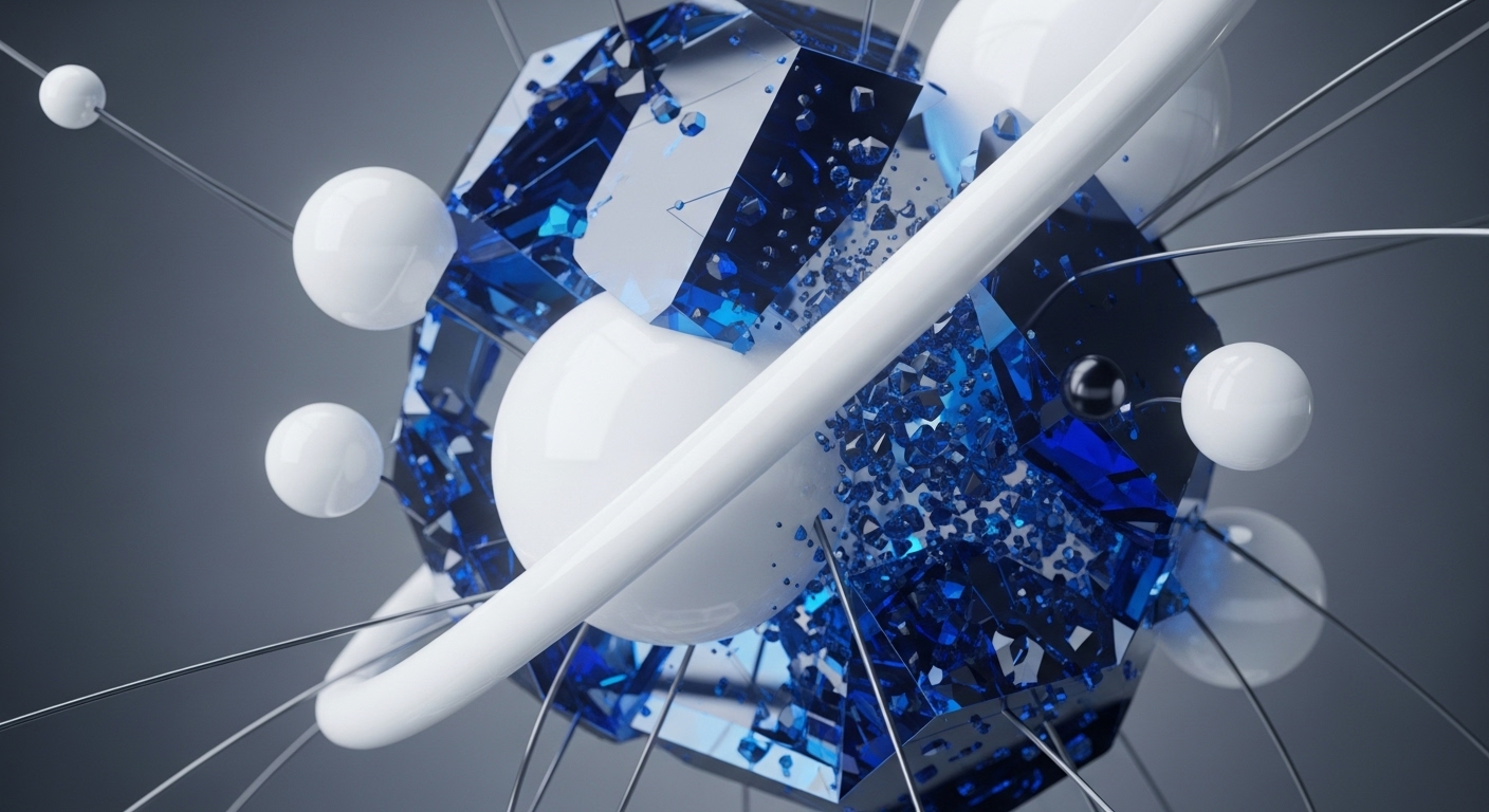 An abstract digital rendering displays a complex arrangement of glossy white spheres and fragmented, translucent blue geometric shapes. These elements are interconnected by thin metallic rods and a thick white tubular ring, set against a smooth gray background