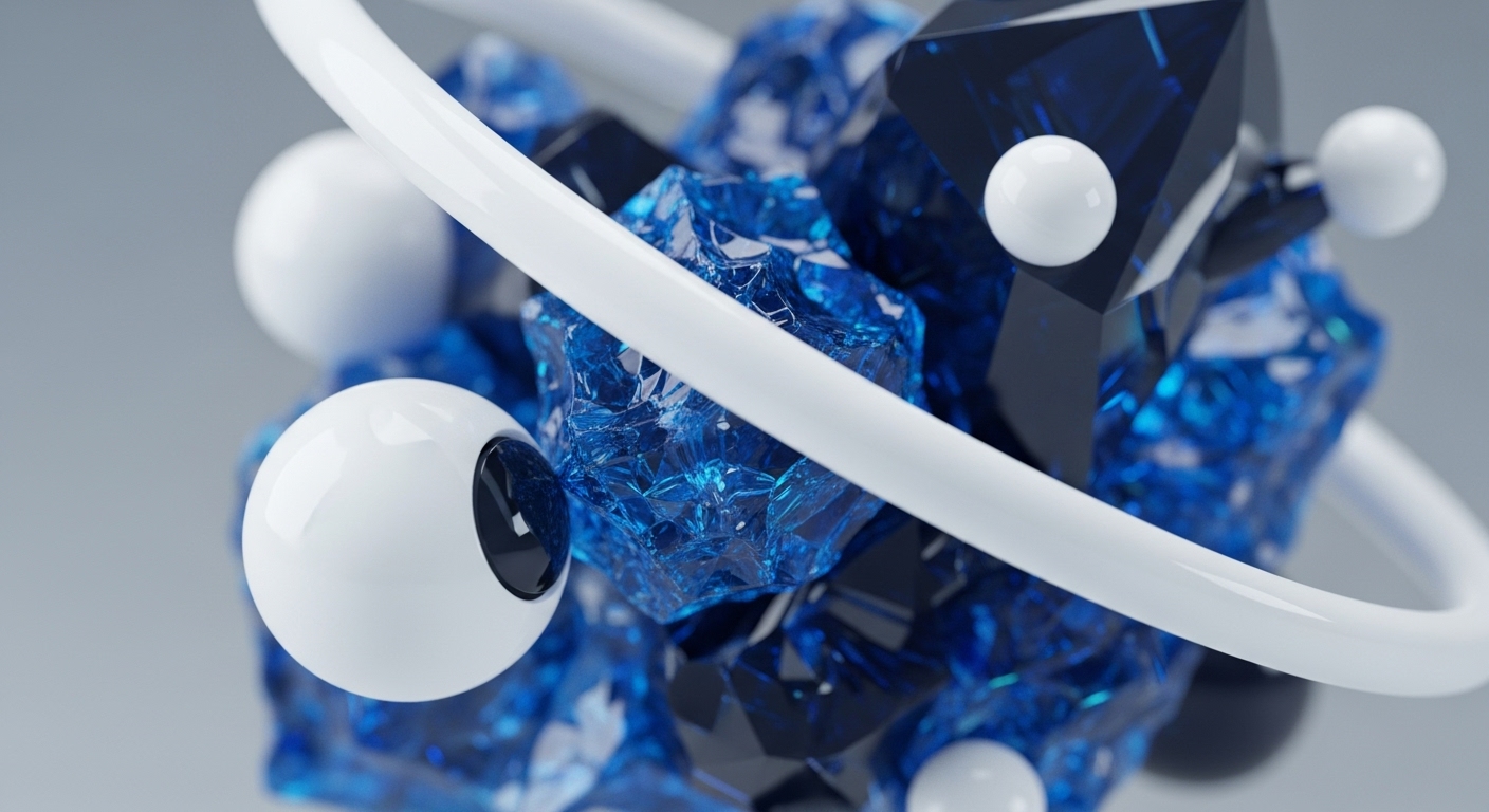 The abstract image displays a dynamic arrangement of luminous blue fractured geometric shapes and dark, angular polygons. Smooth, glossy white spheres are interspersed throughout, with a prominent white ring traversing the composition