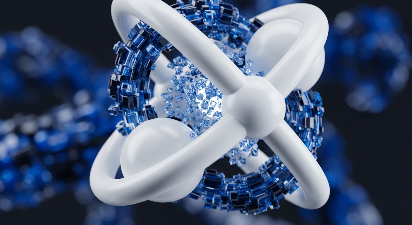 The image displays a detailed 3D rendering of a complex, abstract digital structure, centered around interwoven white bands and a glowing blue core. Concentric rings of translucent blue cubic blocks form a network around this core, with smaller blue fragments scattering from the center