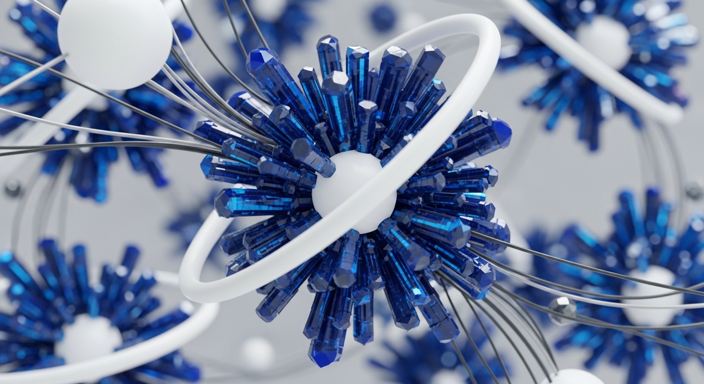 The image displays a prominent central abstract structure featuring a white sphere from which numerous translucent blue hexagonal crystals radiate outwards. This core is encircled by a smooth, wide white orbital band, with thin dark filaments extending to connect with other similar, less defined structures in the background