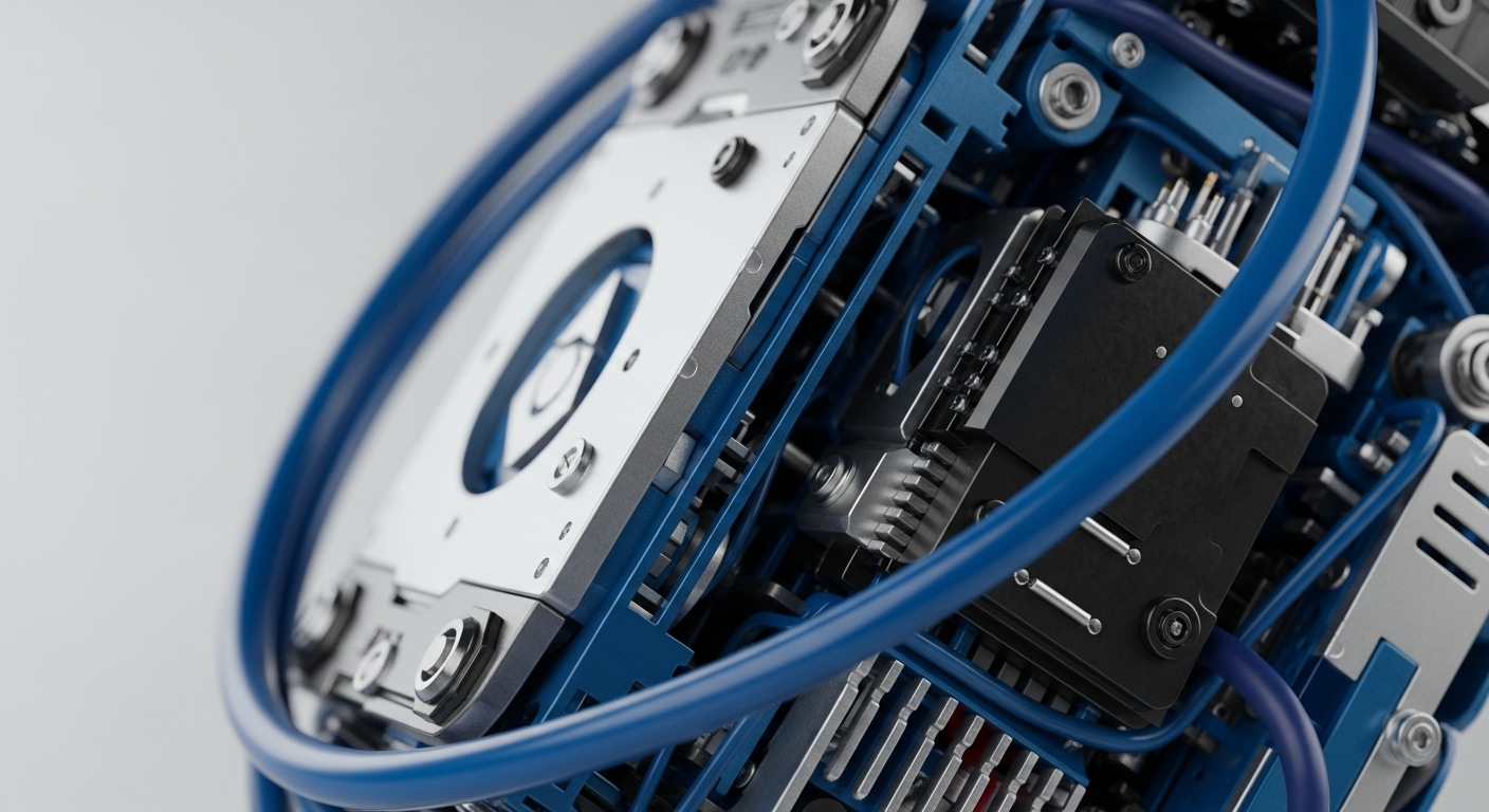 The image presents a detailed, angled view of an intricate mechanical system, dominated by a vibrant blue conduit gracefully traversing a network of metallic and dark grey components. Prominent silver plates, secured by visible bolts and featuring a central circular aperture, highlight the precision engineering involved