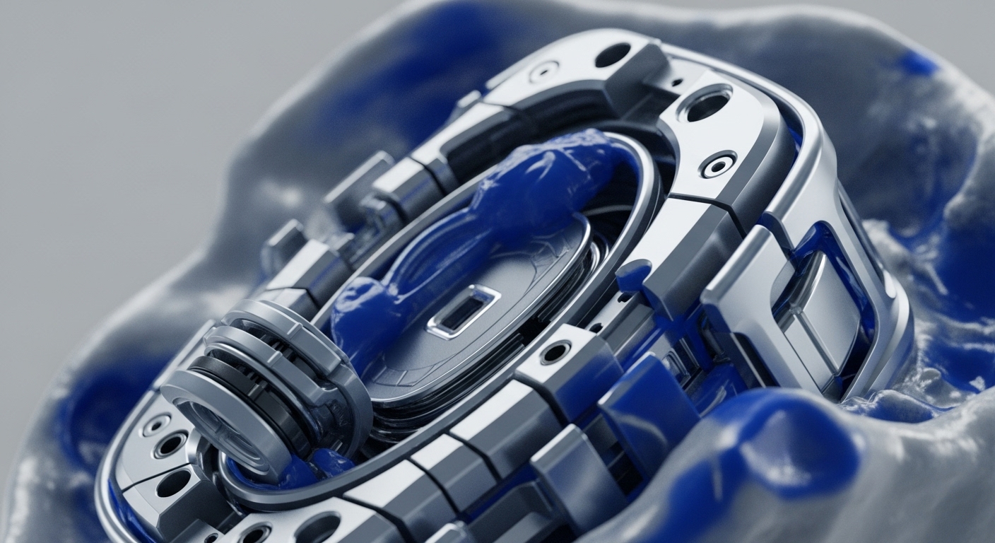 A detailed view captures a complex, polished metallic mechanism, intricately designed with interlocking parts and exposed fasteners. A vibrant, viscous blue substance flows through and around internal components, contrasting with the rigid silver-grey structure