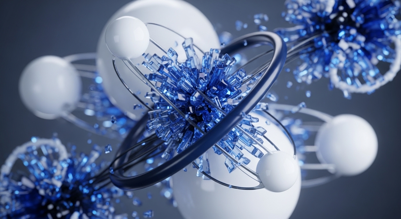 The image presents an abstract composition featuring multiple white spheres interconnected by thin, dark blue and transparent rings, with clusters of bright blue crystalline shards radiating from central points within these structures. The visual depth and focus draw attention to the intricate interplay between these elements against a muted grey background