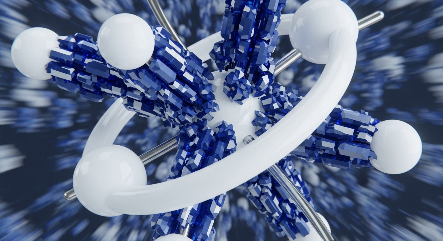 A central structure of glossy white spheres linked by metallic rods forms a dynamic core, from which countless deep blue, faceted crystalline forms radiate and cluster. These crystalline elements also appear as blurred streaks in the background, suggesting motion and depth