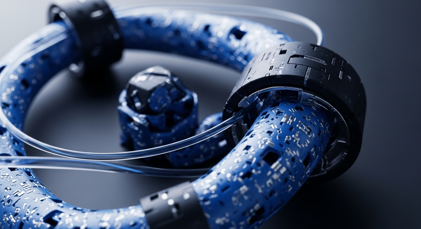 A blue, patterned, tubular structure, detailed with numerous small, light-colored indentations, forms a large semi-circular shape against a dark background. Black, robust cylindrical components are integrated into the blue structure, with clear, thin tubes traversing the scene, suggesting data flow