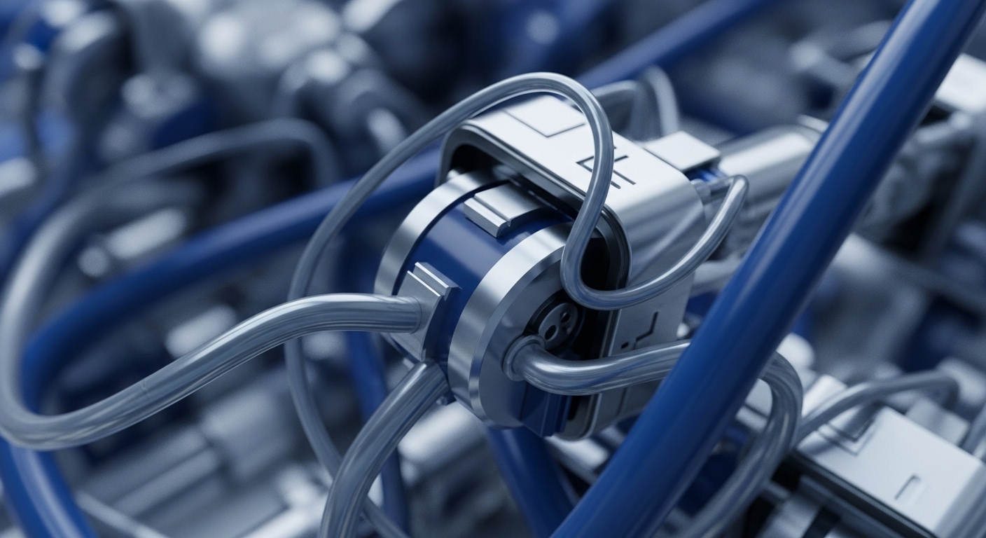 A close-up shot reveals a network of metallic silver and matte blue components, intricately connected by translucent and solid blue tubes. The arrangement forms a complex, interwoven system with a shallow depth of field, highlighting the central connections