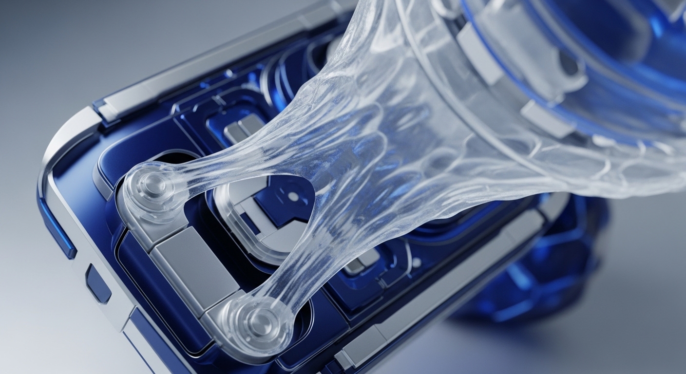 A detailed close-up captures a futuristic mechanical structure composed of polished blue and metallic silver components, intricately connected by a dynamically stretching, transparent, gel-like material. The perspective highlights the smooth, reflective surfaces and the translucent substance forming organic, interconnected pathways