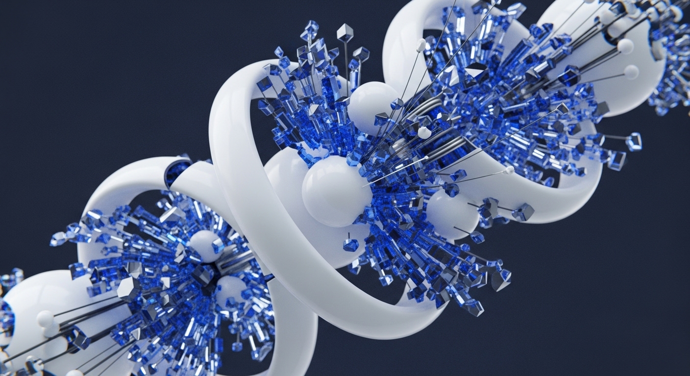 A vibrant abstract rendering displays white, spiraling ribbons forming a complex helix, interwoven with clusters of luminous blue geometric crystals. These crystals radiate from smooth white spheres, connected by thin black lines against a dark background