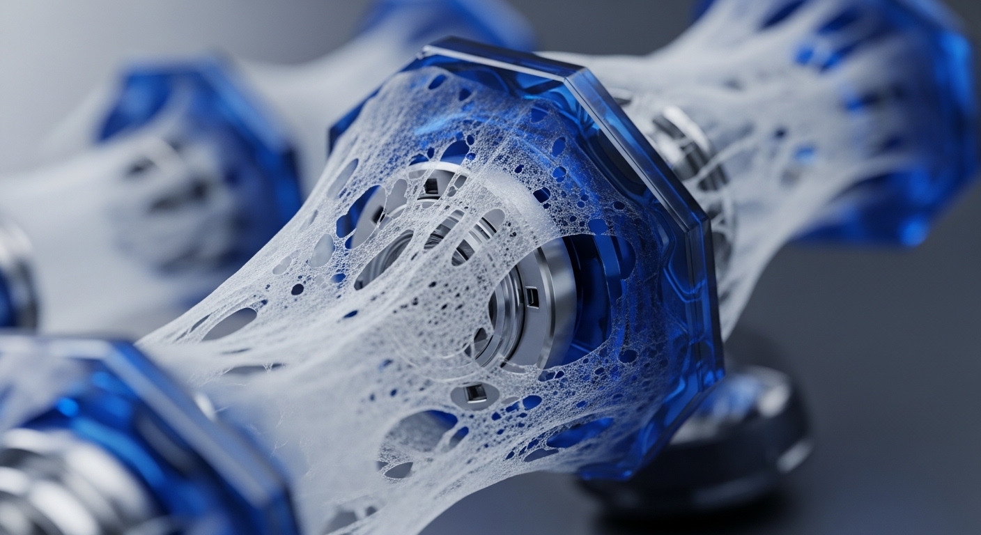 The image showcases multiple translucent blue hexagonal modules, linked by a fine, white, web-like material. Inside each blue module, metallic cylindrical mechanisms are visible, suggesting intricate internal operations