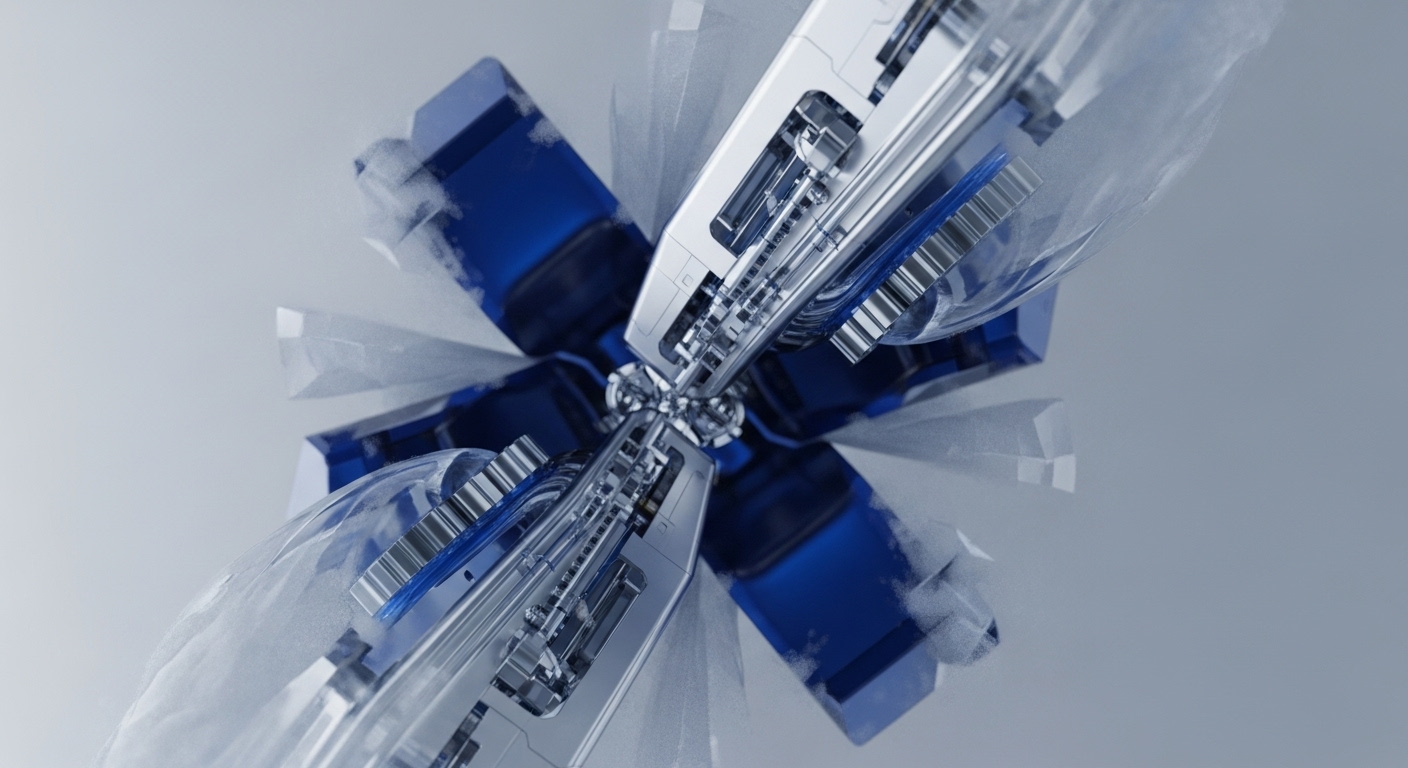A highly detailed, abstract mechanical assembly is depicted, featuring a central hub with radiating arms composed of metallic, transparent, and deep blue elements. Intricate internal gearing and fluid dynamics are visible within the transparent sections, set against a light grey background with subtle reflections