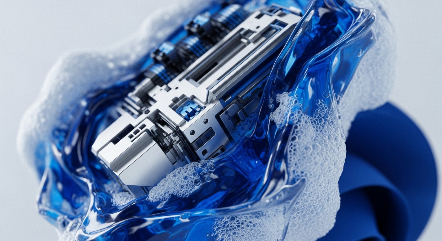 A detailed view shows an intricate, silver-toned mechanical or electronic component partially submerged in a vibrant, translucent blue liquid, adorned with numerous white bubbles. The metallic structure features precise geometric patterns and exposed internal elements, suggesting advanced engineering