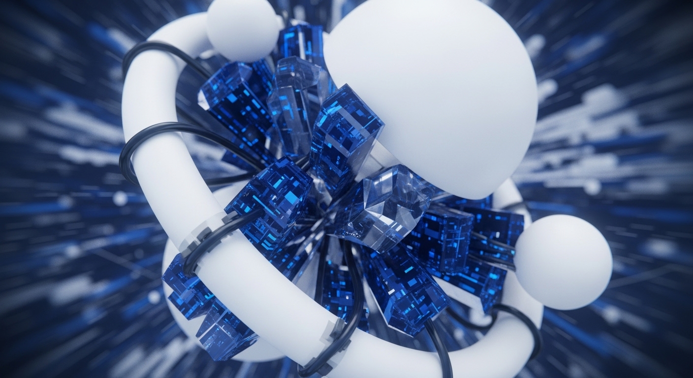 A striking abstract composition features prominent white tubular forms wrapped by black interconnecting cables, central to an intricate cluster of blue crystalline blocks. Large, smooth white spheres are strategically placed around this core, all set against a blurred background of rapidly moving blue and white streaks