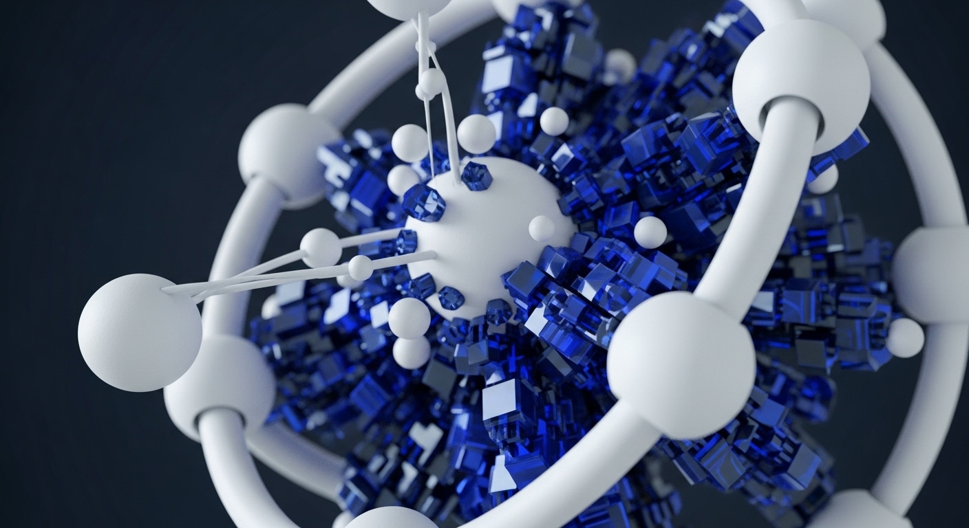 The image displays an abstract, molecular-like structure featuring a central white sphere surrounded by a lattice of white spherical nodes and connecting rods. Within this framework, a multitude of translucent blue cubes and smaller crystalline shapes are densely packed, some appearing to emanate from the central core