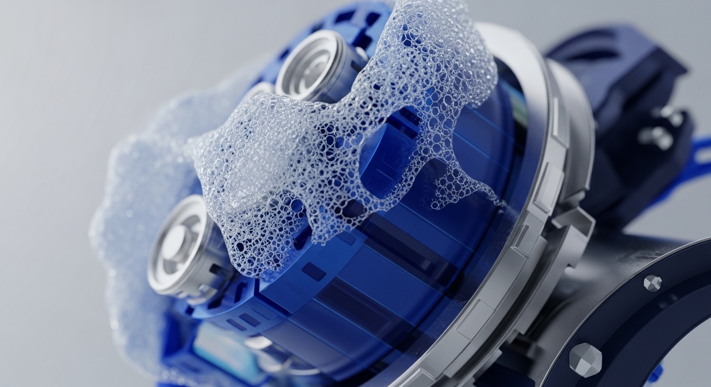 A detailed close-up reveals a blue, modular technological component partially covered by a dense, intricate network of white foam bubbles. Embedded within the blue structure are silver metallic elements, creating a visually striking representation