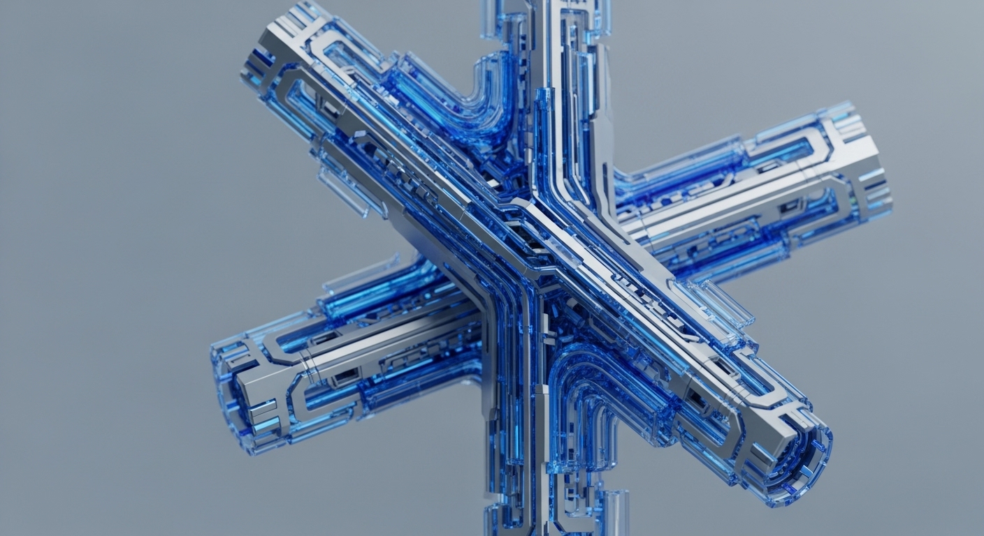 The image showcases a complex, three-dimensional structure composed of reflective silver segments and glowing blue transparent conduits, forming an intricate, interwoven network against a neutral background. This visual metaphor illustrates the sophisticated underlying infrastructure of a decentralized ledger technology DLT ecosystem, emphasizing cross-chain communication and data integrity