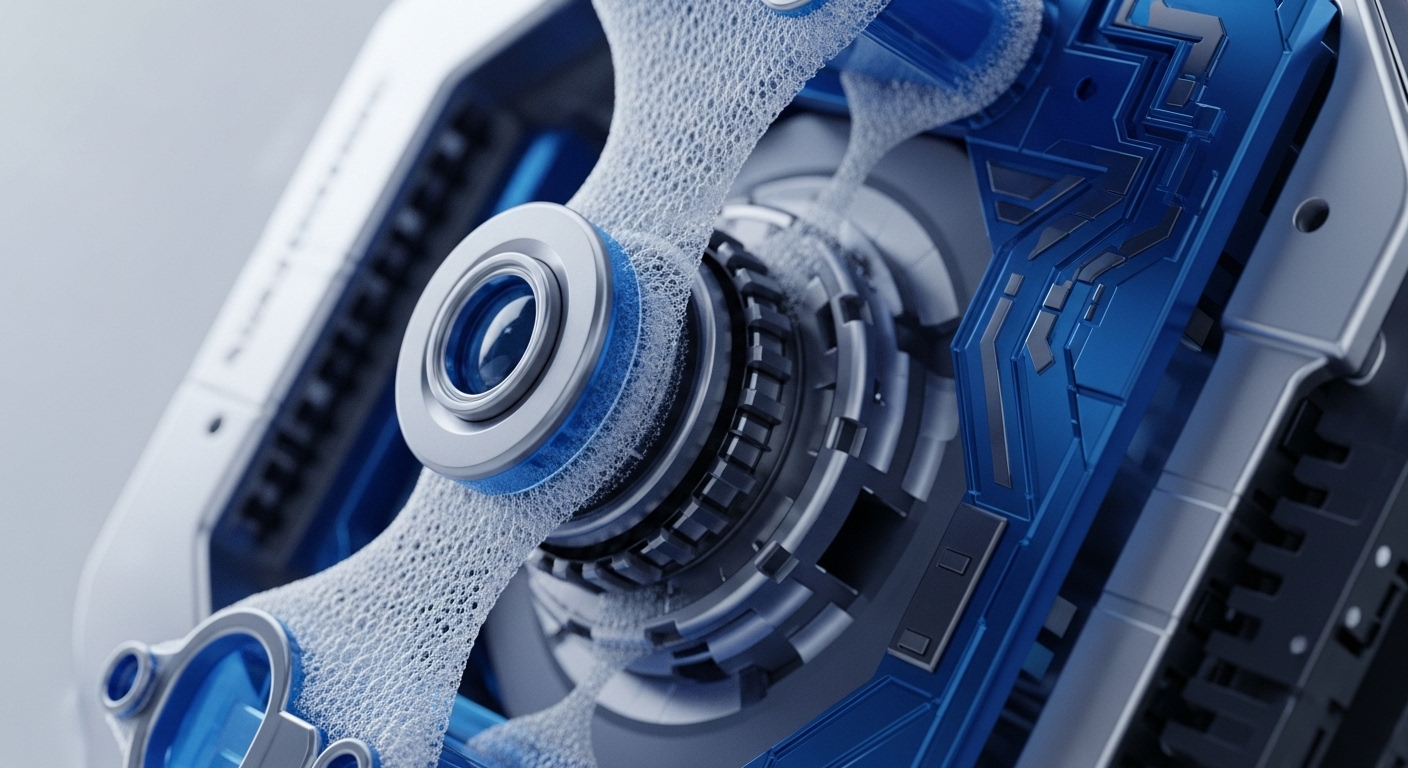 A sophisticated, futuristic mechanism features metallic silver and deep blue components, intricately assembled. A central, lens-like element is encircled by a silver ring, suggesting an oracle interface or data input. White, porous, web-like structures extend from this core, potentially illustrating network topology or data integrity filters within a distributed ledger technology DLT framework. Adjacent dark grey gears and blue panels, etched with abstract patterns, evoke smart contract execution and cryptographic algorithm processing, emphasizing a consensus mechanism at work. The precision engineering reflects robust blockchain architecture.