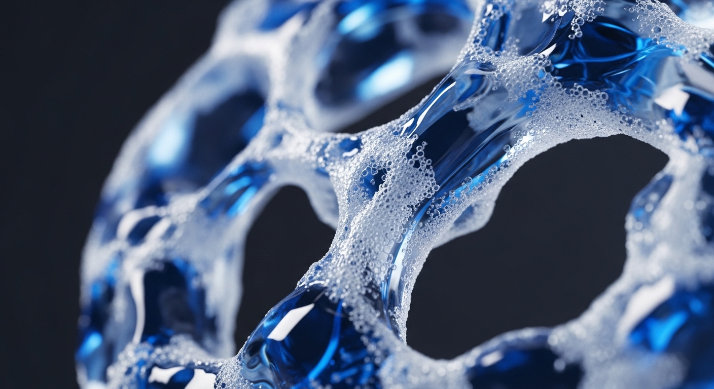 A close-up view displays an abstract, interconnected structure composed of deep blue, translucent material, densely covered in small white bubbles. The dynamic interplay of light on the reflective blue surfaces and the frothy texture creates a sense of intricate detail and continuous movement